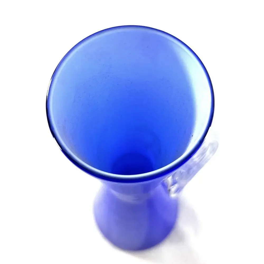 Cobalt Blue Art Glass Pitcher 10.75” Clear Applied Handle Modern Vase - Picture 6 of 6